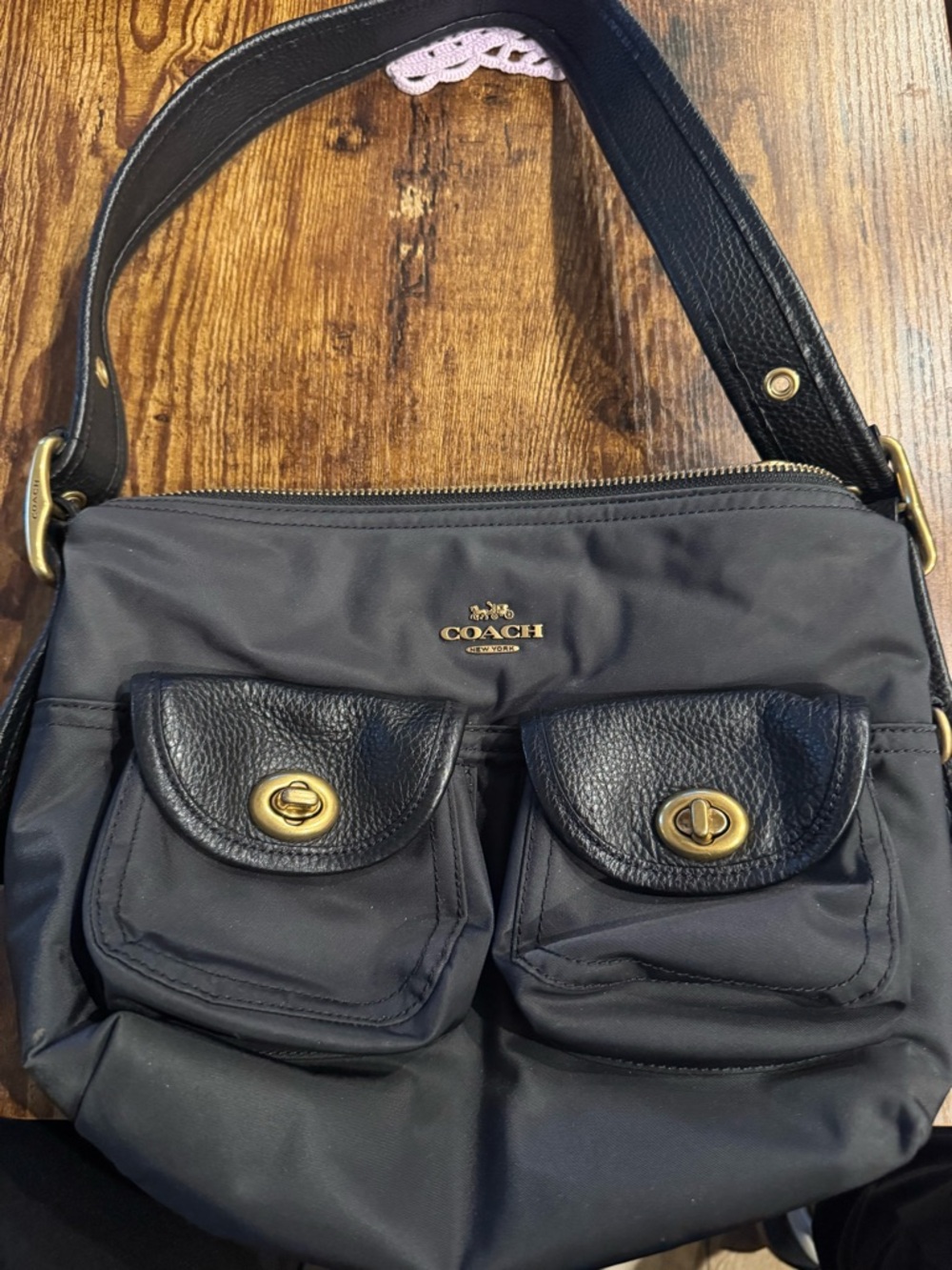 Coach Black Nylon Shoulder Bag with Leather Trim and Brass Hardware